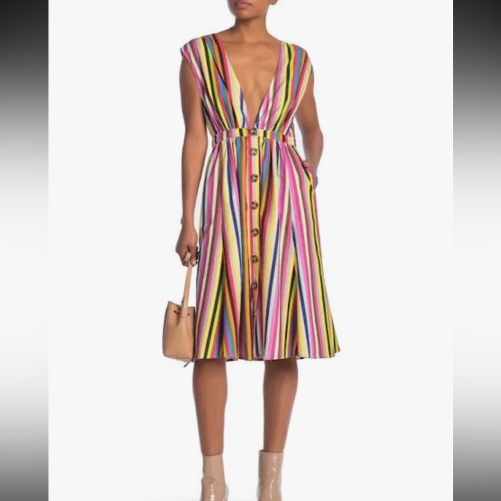 LPA shirred rainbow stripes dress buttons size S linen rayon